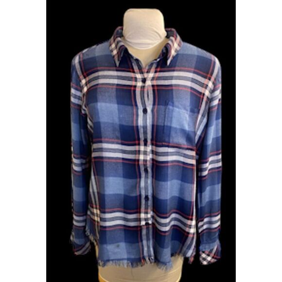 Dylan Plaid Button Front Blouse Fringe Hem Roll Up Sleeves Sz. L Packable - Picture 2 of 16